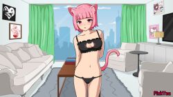 1girls black_bra black_lingerie black_panties bra breasts cat_ears cat_keyhole_bra cat_keyhole_lingerie cat_lingerie cat_tail catgirl chair couch curtains game_cg lamp lingerie looking_at_viewer medium_breasts midriff navel panties picture_frame pink_eyes pink_hair pinktea pussy_trainer rug short_hair tv window