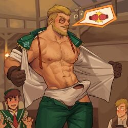 0_0 3boys abs absurdres bara bare_pectorals bare_shoulders beard blonde_hair blush brown_gloves bulge chest_hair clothes_pull cyrus_(genshin_impact) drunk erection erection_under_clothes facial_hair genshin_impact gloves green_jacket green_pants highres jacket large_pectorals looking_at_another male_focus male_underwear mature_male monocle multiple_boys muscular muscular_male navel navel_hair nipples open_clothes open_shirt opened_by_self pants pants_pull pectorals penis penis_peek shirt short_hair superman_exposure thick_mustache underwear undressing white_male_underwear white_shirt whyhelbram yaoi