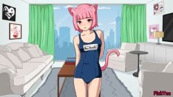 1girls blue_one-piece_swimsuit blue_swimsuit breasts cat_ears cat_tail catgirl chair couch curtains game_cg lamp looking_at_viewer medium_breasts one-piece_swimsuit picture_frame pink_eyes pink_hair pinktea pussy_trainer rug school_swimsuit short_hair swimsuit tv window