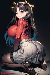 ai_generated ass bangs black_hair black_legwear blush breasts brown_footwear fate/stay_night fate_(series) female female_only hair_ribbon large_breasts long_hair long_sleeves looking_at_viewer one_eye_closed pleated_skirt red_eyes ribbon skirt smile solo tohsaka_rin trickymellow two_side_up