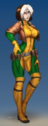 1girls anna_marie artist_name blue_eyes bodysuit boots female female_only fully_clothed gloves leather_jacket marvel marvel_comics multicolored_hair purple_lipstick rogue_(evolution) rogue_(x-men) short_hair smiling solo solo_female standing straight_hair unop variant x-men x-men_evolution