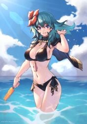 1girls artist_name bikini black_bikini black_swimsuit blue_eyes blue_sky breasts byleth_(fire_emblem) byleth_(fire_emblem)_(female) byleth_(summer)_(fire_emblem)_(female) cleavage cloud commentary_request cowboy_shot day female female_only fire_emblem fire_emblem:_three_houses fire_emblem_heroes flower food green_hair groin hair_flower hair_ornament hand_up hibiscus holding large_breasts lens_flare looking_at_viewer navel nintendo non-circular_lens_flare official_alternate_costume outdoors phrecklesart popsicle sky solo standing swimsuit teal_hair thighs wading water wet