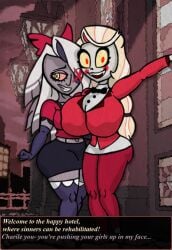 2demons 2girls big_breasts bow bowtie charlie_morningstar clothing colored cyclops dark_skin demon demon_girl demon_girls demoness demons dialogue embarrassed gloves hazbin_hotel huge_ass leggings legwear pale_skin ponytail sharp_teeth skirt smile suit suziefemlin tagme text vaggie yuri