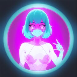 1girls :3 ai_generated ai_girl bob_cut cyan_body cyan_hair digital_girl female happy medium_breasts multicolored_body nemus_waifu_generator neon not_human pink_body pink_eyes pooplool short_hair smile sole_female solo synthwave tagme virtual_girl