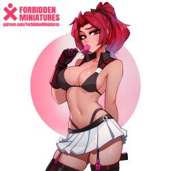 1girls ai_generated anime_style arms_behind_back bra concept female forbiddenminiatures gloves hair_bun hairbow hairbun lollipop lollipop_in_mouth looking_at_viewer miniskirt navel panties pink_hair red_eyes red_hair self_upload thick_thighs thighhighs thighs waist