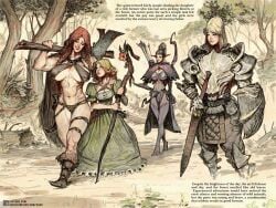 4girls amazon armor barbarian blonde_hair elf_female fantasy female_knight female_warrior fit_female long_ears multiple_girls muscular_female red_hair sabudenego