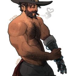 1boy 2022 abs activision bara barazoku beard biceps blush brown_hair chris_sdd cole_cassidy cowboy_hat facial_hair gay hairy hairy_arms hairy_chest hi_res highres male male_focus male_only male_pubic_hair manly muscles muscular muscular_arms muscular_male nipples overwatch overwatch_2 solo solo_male