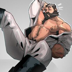 1boy 2021 abs arm_behind_head bara barazoku beard biceps blush chris_sdd clothing facial_hair gay graves_(league_of_legends) hairy hairy_chest hi_res highres league_of_legends male male_focus male_only male_pubic_hair manly muscles muscular muscular_arms muscular_male nipples riot_games solo solo_male