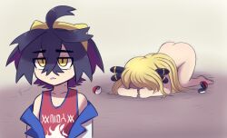 1boy 1girls begging blonde_hair cynthia_(pokemon) defeat dogeza embarrassed female kieran_(pokemon) male nude poke_ball pokemon pokemon_sv sigh simple_background source_request submission submissive_female top-down_bottom-up unamused