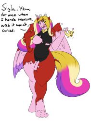 2016 alicorn annoyed anthro breasts crown cursed_object dialogue digital_media_(artwork) dragon english_text equid equine feathered_wings feathers female friendship_is_magic genitals hasbro headgear hi_res horn looking_down mammal my_little_pony navel nude open_mouth princess_cadance_(mlp) pussy robertge simple_background solo species_transformation standing tail text tiara transformation white_background wings