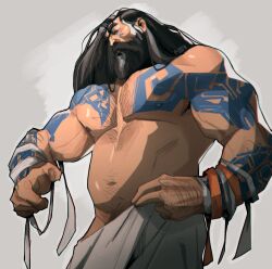 1boy 2022 abs bara barazoku beard biceps blush chris_sdd facial_hair gay hairy hairy_arms hairy_chest hi_res highres league_of_legends male male_focus male_only male_pubic_hair manly muscles muscular muscular_arms muscular_male nipples riot_games solo solo_male tattoo udyr