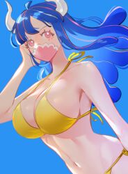 big_breasts bikini blue_hair cleavage dutch_angle female female_only horns long_hair mask mouth_mask one_piece pink_eyes raine_(acke2445) solo swimsuit two_tone_hair ulti_(one_piece) yellow_bikini yellow_swimsuit