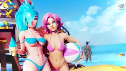 1boy 2girls 3d beach_ball bikini blue_eyes blue_hair blue_nail_polish breasts cat_eyes clothed clothed_female clothing dark-skinned_male detailed_background evie_(paladins) female female_focus fingernail_polish hi-rez_studios hourglass_figure ice_cream light-skinned_female light_skin looking_at_viewer maeve_(paladins) male medium_breasts multiple_girls nail_polish outside paladins pink_hair public uncensored underboob watermark wide_hips yazanios