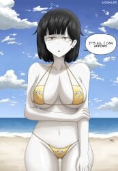 1girls 2023 artist_name beach bikini black_hair blossom_hope blush breasts cloud english_text female hand_on_arm looking_at_viewer matsuzaki_asako medium_breasts navel nickelodeon ocean orange_eyes patrick_star short_hair sky solo spongebob_squarepants spongebob_squarepants_(character) text white_skin woomler yellow_bikini