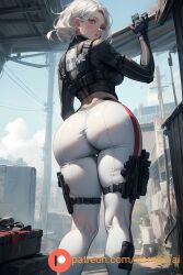 1girls ai_generated ass ass_focus back back_view big_ass curvy curvy_female curvy_figure holster iana_(rainbow_six) leggings looking_at_viewer rainbow_six_siege seductive short_hair thick_thighs vornex_ai white_hair