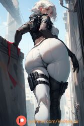 1girls ai_generated ass ass_focus back back_view big_ass curvy curvy_female curvy_figure holster iana_(rainbow_six) leggings looking_at_viewer rainbow_six_siege seductive short_hair thick_thighs vornex_ai white_hair