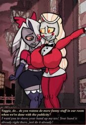 2demons 2girls big_breasts bow bowtie charlie_morningstar clothing colored cyclops dark_skin demon demon_girl demon_girls demoness demons dialogue embarrassed gloves hazbin_hotel huge_ass leggings legwear pale_skin ponytail sharp_teeth skirt smile suit suziefemlin tagme text vaggie yuri