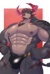 1boy abs anthro biceps black_body black_fur body_hair bovid bovine bulge cattle chest_hair clothing detailed_bulge fur hi_res horn lifewonders littledradesu live_a_hero male male_only mammal muscular muscular_anthro muscular_male navel nipples obsidius pecs solo speedo swimwear