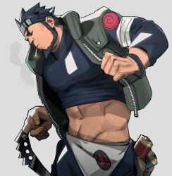 1boy 2022 abs bara barazoku beard biceps blush chris_sdd clothing facial_hair gay hairy hi_res highres male male_focus male_only manly muscles muscular muscular_arms muscular_male naruto naruto_(series) sarutobi_asuma solo solo_male taking_clothes_off