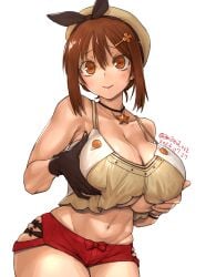 1girls amania_orz atelier_(series) atelier_ryza big_breasts breast_grab breast_lift brown_hair cleavage female fit_female grabbing_own_breast grabbing_own_breasts hat holding_breast holding_breasts holding_own_breast holding_own_breasts hourglass_figure huge_breasts large_breasts light-skinned_female reisalin_stout short_shorts shorts slim_waist solo thick_thighs underboob voluptuous wide_hips