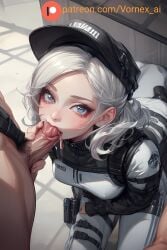 1girls ai_generated blowjob breasts curvy curvy_female curvy_figure holding_penis holster iana_(rainbow_six) kneeling leggings looking_at_viewer on_knees rainbow_six_siege seductive short_hair sucking_penis thick_thighs thighs vornex_ai white_hair