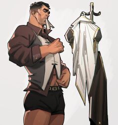 1boy 2022 abs arcane arcane_jayce bara barazoku biceps blush bulge chris_sdd clothing gay hi_res highres jayce_talis league_of_legends male male_focus male_only manly muscles muscular muscular_arms muscular_male nipples riot_games solo solo_male underwear