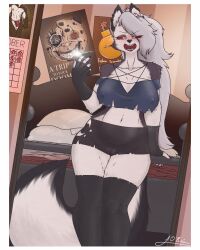 1girls 2022 anthro bedroom black_thighhighs canine clothed clothing fangs female female_only fingerless_gloves fur furry furry_only furry_tail grey_hair hellhound helluva_boss hi_res long_hair looking_at_viewer loona_(helluva_boss) mccheeky64 mirror mirror_reflection mirror_selfie narrowed_eyes nipple_bulge open_mouth phone red_sclera selfie solo tail thighhighs white_eyes wolf_ears wolf_tail