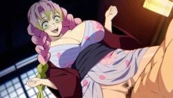 animated bajima_shouhei blush bouncing_breasts breasts_bigger_than_head breasts_out censored cleavage clothed_sex cowgirl_position deep_penetration demon_slayer green_eyes hair_between_eyes huge_breasts japanese_clothes kanroji_mitsuri kimetsu_no_yaiba kimono long_hair multicolored_hair nipples one_eye_closed open_mouth partial_male pussy_hair sex spread_legs thick_thighs thighs thrusting_up twintails wide_hips