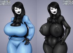 black_body black_hair blue_clothing cleavage dark-skinned_female gigantic_breasts long_hair mrs._creep original_character romman08 wedding_ring white_face