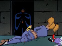 1boy 1girls accurate_art_style alternate_ass_size ass batman batman:_the_animated_series batman_(series) bed big_ass big_butt blonde_hair bruce_wayne dat_ass dc dc_comics dcau doorway edit edited edited_screencap flag harleen_quinzel harley_quinn jail jail_cell large_ass large_butt laying_down laying_on_bed lyiong on_side panties prison rear_view red_panties red_thong red_underwear ripped_clothing ripped_pants screencap screenshot screenshot_edit self_upload thong torn_clothes torn_pants twintails underwear yetig