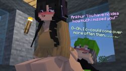 1boy 1girls 3d ankhur_(extrafruitygirl) black_hair clothing extrafruitygirl female femboy_on_female fruity_(extrafruitygirl) green_hair male mine-imator minecraft no_panties no_pants outside purple_eyes riding smile t-shirt tagme vaginal_penetration