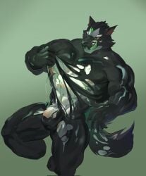 abs anthro balls biceps bodysuit canid canine canis clothing domestic_dog flaccid genitals goo_suit green_eyes hi_res husky licking licking_lips lifewonders live_a_hero male mammal monomasa muscular muscular_anthro muscular_male nipples nordic_sled_dog pecs penis red_sclera skinsuit slime solo spitz supervillain tian_qi_qing tight_clothing tongue tongue_out