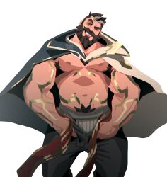 1boy 2021 abs armpit_hair bara barazoku beard biceps blush bulge cape chris_sdd clothing daddy facial_hair gay graves_(league_of_legends) hairy hi_res highres jockstrap league_of_legends male male_focus male_only male_pubic_hair manly muscles muscular muscular_arms muscular_male nipples riot_games solo solo_male taking_clothes_off tattoo