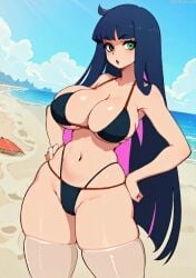 ai_generated artist_request bikini black_bikini black_panties green_eyes navy_blue_hair panty_&_stocking_with_garterbelt pink_hair stocking_anarchy swimsuit