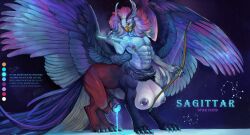 1boy abs abstract_background anthro archer avian beak biceps big_breasts bird blue_body blue_claws bodily_fluids bow_(feature) breasts celestial_being claws clothing colorful cosmic_background cosmic_fur cosmic_hair cosmic_wings cum diorionarh english_text ethereal_hair feathered_wings feathers feral fluffy fluffy_ears fluffy_hair genital_fluids genitals gryphon hair hi_res legwear licking male male_focus male_only male_with_breasts muscular_thighs mythological_avian mythological_creature mythology nipple_piercing nipples penis piercing purple_tail sagittar solo solo_focus tail taur text thigh_highs tongue tongue_out torso torso_shot white_body wings yellow_beak