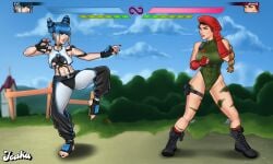 annie_(summertime_saga) braids cammy_white cammy_white_(cosplay) catfight church combat_boots cosplay eve_(summertime_saga) fighting_game fighting_stance health_bar joakadraws juri_han juri_han_(cosplay) multiple_girls street_fighter street_fighter_6 summertime_saga