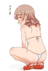 ass bikini embarrassed female from_behind idolmaster_cinderella_girls looking_back morikubo_nono nervous small_breasts solo squatting swimsuit wavy_mouth white_background