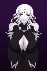 1female 1girls big_breasts black_sclera breasts female female_focus female_only leaning_forward milf purple_background red_eyes rosewald1929 rwby salem_(rwby) seductive seductive_look seductive_smile simple_background solo solo_female solo_focus white_hair white_skin