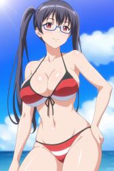 1girls ai_generated beach big_breasts bikini black_hair busty cleavage eroge!_h_mo_game_mo_kaihatsu_zanmai hand_on_hip kosaka_iori large_breasts legs long_hair looking_at_viewer navel ocean pose posing red_eyes sensual smile thighs twintails voluptuous water