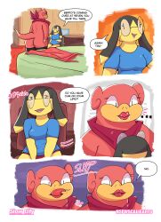 absurd_res anthro bodily_fluids clothing comic cum english_text female generation_1_pokemon generation_6_pokemon genital_fluids helioptile hi_res josie_(goopyarts) leggings legwear mostly_nude nintendo pink_body pokemon pokemon_(species) slightly_chubby slowpoke tammy_(goopyarts) text thick_thighs thigh_highs wide_hips