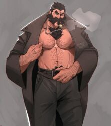 1boy 2021 abs bara barazoku beard biceps blush chris_sdd clothing daddy facial_hair gay graves_(league_of_legends) hairy hairy_arms hairy_chest hi_res highres league_of_legends male male_focus male_only male_pubic_hair manly muscles muscular muscular_arms muscular_male nipples riot_games solo solo_male