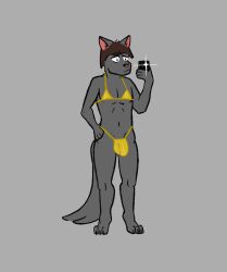 aliasing anthro asphalt_(artist) bikini bulge camera canid canine canis clothing detailed_bulge domestic_dog front_view fur genital_outline gold_swimwear grey_body grey_fur isaac_(asphalt) male mammal penis_outline selfie simple_background solo standing swimwear