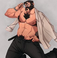 1boy 2021 abs armpit_hair artist_name bara barazoku biceps black_hair blush body_hair chris_sdd clothing daddy facial_hair graves_(league_of_legends) hairy_arms hairy_chest hairy_male hi_res highres human league_of_legends male male_nipples male_only male_pubic_hair manly mature_male muscles muscular_arms muscular_male mustache mutton_chops no_visible_genitalia riot_games sideburns solo soul_patch topless