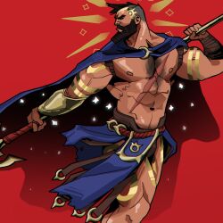 1boy 2021 abs atreus_(league_of_legends) bara barazoku beard biceps blush bulge cape chris_sdd clothing facial_hair gay hairy hairy_chest hi_res highres league_of_legends male male_focus male_only manly muscles muscular muscular_arms muscular_legs muscular_male muscular_thighs nipples pantheon riot_games scar solo solo_male tattoos