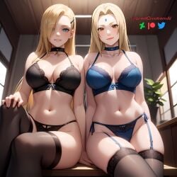 ai_generated big_breasts black_legwear black_lingerie black_stockings blonde_female blonde_hair blue_eyes blue_lingerie bra breasts brown_eyes choker cleavage forehead_jewel forehead_mark from_below g-string garter_straps hair_ornament ino_yamanaka lewdcreationsai lingerie looking_at_viewer looking_down narrow_waist naruto naruto_(series) naruto_shippuden navel panties red_eyes smile smirk stockings tagme teacher_and_student thighhighs thighs tsunade yamanaka_ino