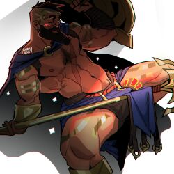 1boy 2021 abs atreus_(league_of_legends) bara barazoku beard biceps blush bulge cape chris_sdd clothing facial_hair gay hairy hairy_chest hi_res highres league_of_legends male male_focus male_only male_pubic_hair manly muscles muscular muscular_arms muscular_male nipples pantheon riot_games solo solo_male tattoos