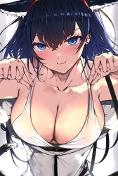 1girls 2023 :3 animal_ear_fluff animal_ears arknights big_breasts black_hair blaze_(arknights) blue_eyes blush breasts busty cat_ears cat_girl collarbone curvaceous curvy cute ears_down enormous_breasts extra_ears giant_breasts gigantic_breasts hairband hi_res holding_bra horny huge_breasts hyper_breasts kemonomimi large_breasts light-skinned_female light_skin long_hair looking_at_viewer massive_breasts naughty_face naughty_smile plastic_night_q red_hairband seductive seductive_eyes seductive_gaze seductive_look seductive_mouth seductive_pose seductive_smile shiny_breasts shiny_skin smile smug solo standing sweat sweatdrop upper_body voluptuous waist wasp_waist