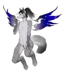 2021 anthro areola back_wings biped black_hair black_markings black_nose breasts canid canine canis cheek_tuft claws countershade_face countershade_torso countershading digitigrade dipstick_tail eyebrows facial_tuft female frank-79 genitals gloves_(marking) grey_body hair hi_res leg_markings long_hair looking_at_viewer magic mammal markings multicolored_body navel nipples nude ponytail pubes pussy small_breasts socks_(marking) solo spread_wings tail tail_markings toe_claws tomboy tuft two_tone_body white_body wings wolf