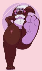 absurd_res alby_(lovehatealien) anthro braces breasts chubby_female eyewear feet female foot_focus foreshortening genitals glasses hi_res hybrid lagomorph leporid lovehatealien low-angle_view mammal mephitid navel nerd nipples pussy rabbit skunk slightly_chubby soles solo thick_thighs