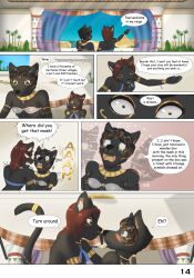 2girls anthro bast canid canine canis clothing comic deity dialogue domestic_cat domestic_dog duo egyptian egyptian_cat egyptian_clothing egyptian_god egyptian_mythology eli_nygma english_text felid feline felis female female/female gold_(metal) harem_jewelry harem_outfit hi_res jewelry mammal middle_eastern_mythology multiple_girls mythology page_14 page_number shiba_inu speech_bubble spitz text translucent translucent_clothing yoko_ishimura_(exotic_desires)